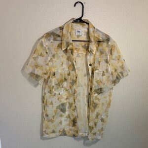 ZARA Sheer Short-Sleeve Shirt in Yellow and Cream Triangle Print